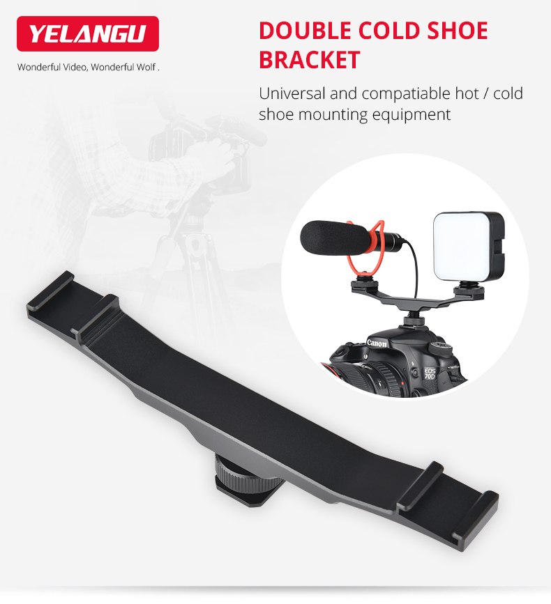 Yelangu A64 Aluminum Alloy Universal Cold Shoe Extension Bracket 2 Hot Shoe Mounts Extension Bar Dual Bracket with 1/4
